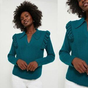 Tuckernuck NEW Hyacinth House Teal Ruffle Casey Collared V-Neck Sweater Size M